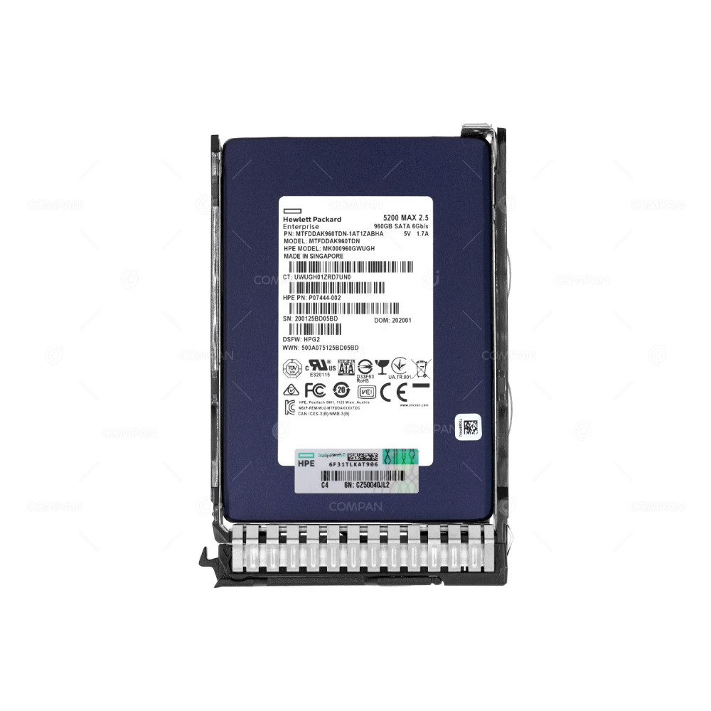 P08692-001 HPE 960GB 2.5 SFF 6G SATA SSD MU SC DS DRIVE MK00960GWUGH, MTFDDAK960TDN, P07926-B21